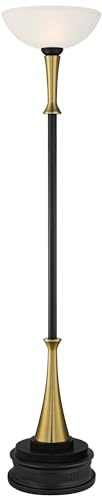 Possini Euro Design Burbank Mid Century Modern Torchiere Floor Lamp with Riser 74.5 Tall Black Brass Gold Metal Frosted White Glass Shade Living Room Reading House Bedroom Home