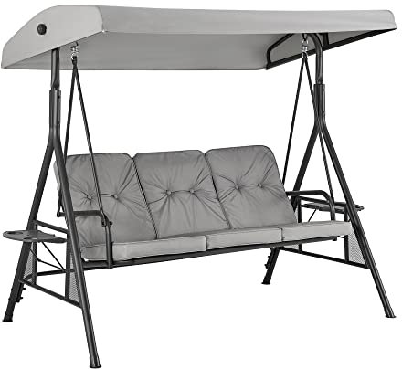 LIVIVO Florence 3 Seater Swing Chair with Canopy – Outdoor Garden Bench with Cushioned Seat, Armrests, Side Tables – Heavy-Duty Steel Frame – Weather-Resistant for Patio, Balcony, Terrace – Grey