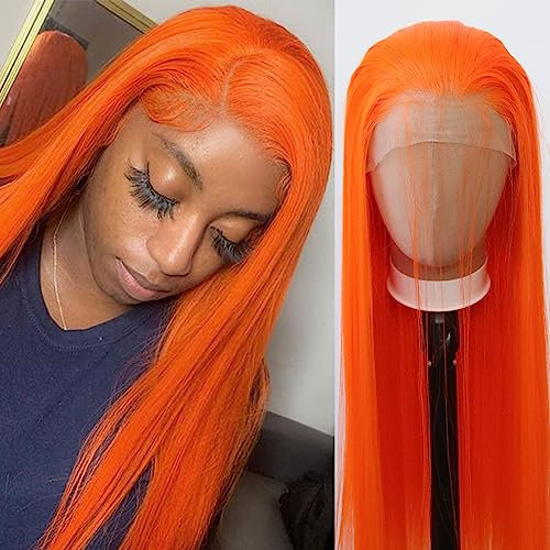 Towarm Hellorange Perücke, lang, glatt, synthetische Lace-Front-Perücke für schwarze Frauen, natürlich, 33 x 7,6 cm, handgebundene Perücke, Cosplay, Alltagskleidung (leuchtendes Orange)