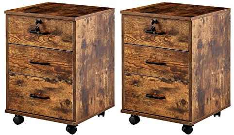 TUKAILAI Rollcontainer Abschließbar mit 3 Schubladen, 2er Set, Aktenschrank unter Schreibtisch, Büroschrank mit Rollen, Dokumente in DIN-A4, Legal, Letter-Format, Büromöbel, Büro,Braun