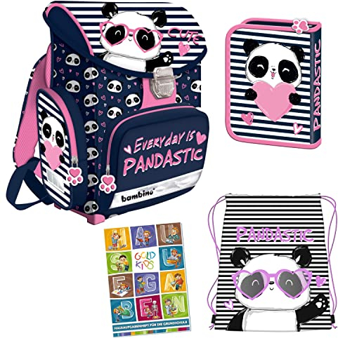 Goldkids Lovely Panda 4er Set Schulranzen Ranzen Tornister Federmappe Turnbeutel Turnsack Aufgabenheft für die Grundschule. Geeignet ab der ersten Klasse