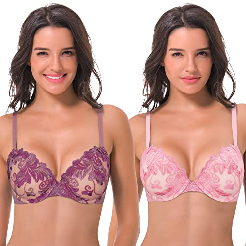 Curve Muse Women Plus Size Push Up Add 1 and a Half Cup Underwire Lace Mesh Bra-2PK-Pink,Grape-42D (EU:95D)