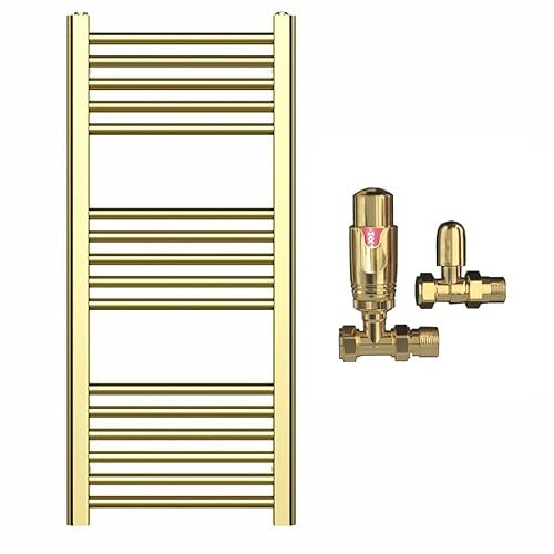 Myhomeware 400mm Wide Shiny Gold Heated Bathroom Towel Rail Radiator With Valves For Central Heating UK (With TRV Valves, 400 x 900 mm (h))