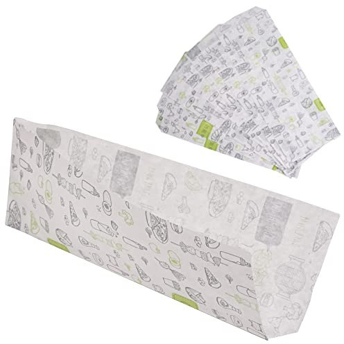 SKIR'CO Lot de 250 sacs en papier jetables pour emballage alimentaire 8 x 21 cm, sacs pour hot-dog, résistants à la graisse, avec éléments de design noirs et verts
