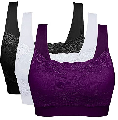 Vertvie Womens Strech Ohne Buegel Push up Yoga Sports BH Bra Top Set Fuer Fitnesstraining Polsterung 3er Pack (EU XL/Tag XXL, Schwarz+Weiß+Dunkellila)