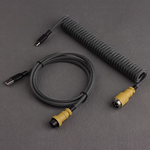 DucKey Double-Sleeved Detachable Aviator Connector USB-C Coiled Cable For Custom Gaming Mechanical Keyboards (Color : Grayish yellow)