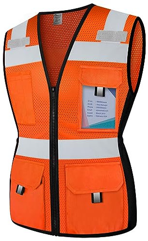 Graunton Safety Vest for Women - 11 Pocket Mesh Reflective Work Vest with Zipper, High Visibility Neon Construction, Snug-Fit & Durable, ANSI Compliant, Orange M