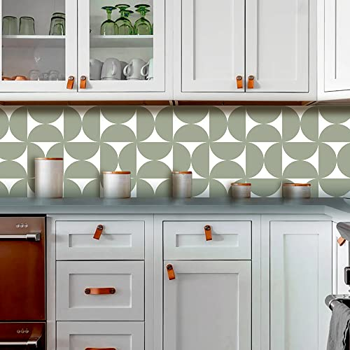 Alwayspon 12PcsX15cm/6inch Vinyl Wall Tile Sticker Transfer, Waterproof Sticky Back Tile Sticker for Kitchen Bathroom Self-adhesive Peel and Stick PVC Stick on Tile, Sage and White Boho