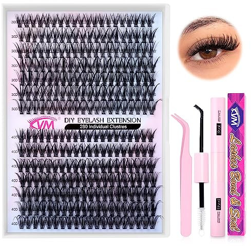Lash Extension Kit 280Pcs Lash Clusters DIY Individual Lashes Eyelash Extension Kit D Curl Volume Cluster Lashes Wispy with Long Lasting Lash Bond and Seal and Lash Tweezers for Eyelash Extensions