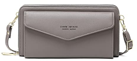 FORRICA Handy Umhängetasche Touchscreen Damen Geldbörse Handytasche zum Umhängen Mädchen Crossbody Tasche Kleine PU Leder Portemonnaie RFID Schutz mit Kartenfächern Grau