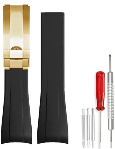 Wentokye 20 mm gebogenes Gummiarmband für Damen und Herren, Ersatz für Rolex, Tudor, Omega und Seiko, Farben: Schwarz-Goldschnalle