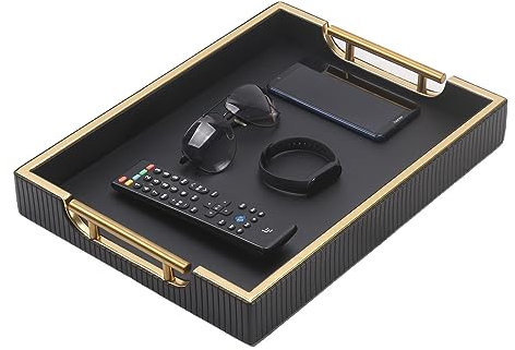 Wooden Structure Leather Decorative Coffee Table Square Tray, Farmhouse Counter PU Tray - Room Serving Trays, Brushed Champagne Gold Handle (Black)