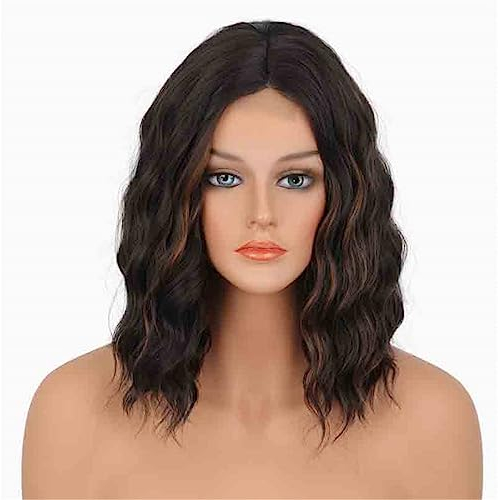 Kurze Braune Perücke Mit Blonden Highlights Gewellt Heat Ok Vollsynthetische Perücke P2-30 Black Brown