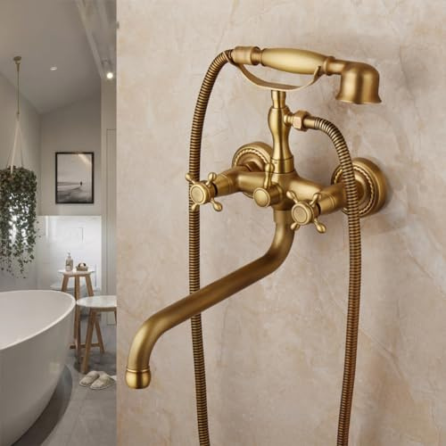 Badewannenarmatur Messing Antik Finish - Doppelhebel Wandmontage Wannenarmatur Mit Handbrause, Dusche Set
