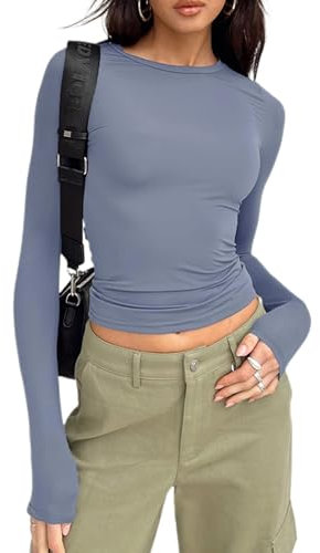 Women's Slim Fit Crop Tops Casual Solid Color Crew Neck Long Sleeve Tight T-Shirt Basic Blouse Tee Tops (Dusty Blue 1, S)