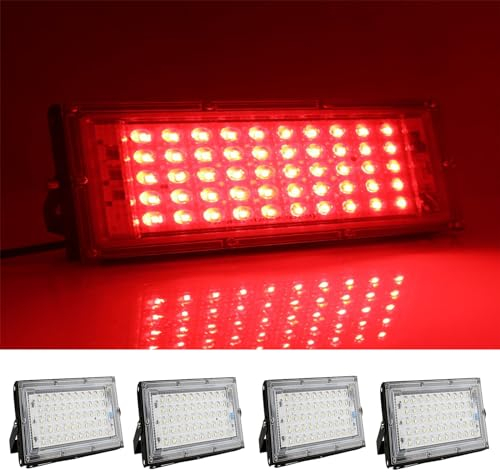 MODOAO Flutlichter für den Außenbereich, 4 Stück, 50 W, 4800 lm, Rot LED-Außenleuchte, IP66 wasserdicht, Außen-Flutlicht, für Hof, Garten, Garage, Rasen, Hof