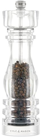 Cole & Mason London - Macinapepe in acrilico, meccanismo di precisione + carbonio, macinapepe con macinino regolabile, 220 mm, meccanismo a vita