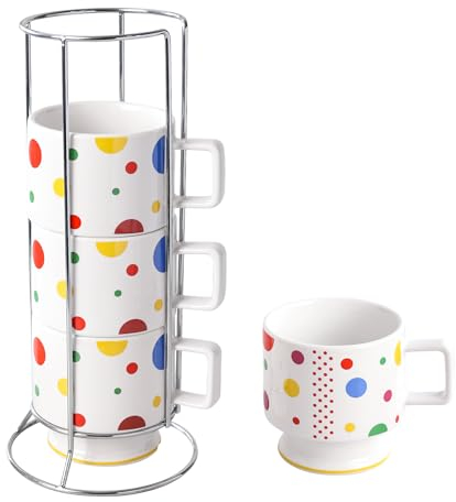 Umlaca Juego de 4 tazas de café de cerámica apilables para capuchino, tazas de café blancas con soporte de metal, para bebidas calientes, té, leche, ideal para el hogar, restaurante, regalos (lunares