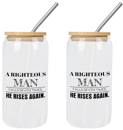 Yelolyio Glasbehälter mit Bambusdeckel, Aufschrift A Righteous Man Falls Seven Times, He Rises Again, Glasbecher, Trinkgläser, Geschenk für Mutter, ideal zum Entsaften von Kaffee, Limonade, Tee, 2