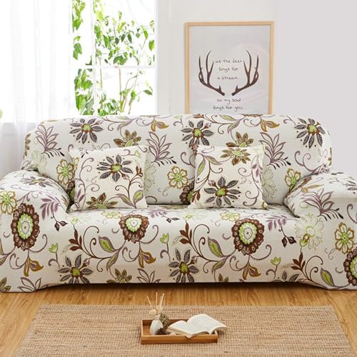 Bishilin Überzug Sofa 2 Sitzer mit Armlehne, Couchbezug Eckcouch 145-185CM Landhausstil Bedruckt mit Blumen Muster Sofabezug Elastisch rutschfest Beige