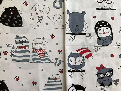 Keine Meterware, Mädchen Stoffpaket 2x50x150cm, Stoffe zum Nähen, Stoff für Kinder, 100% Baumwolle: 1m Baumwollstoff Stoffset - Katzen Eulen Tiere Kinderstoff - Elisa