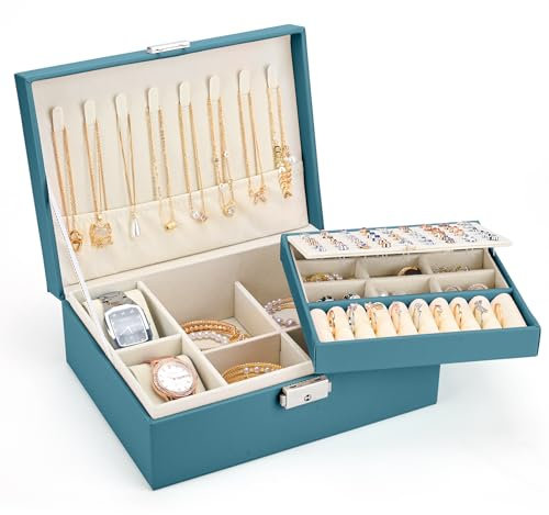 Sofore Portagioie Donna Porta Gioie Portagioie Bambina Grande Porta Gioielli Bambina a 2 Strati in Pelle PU Portagioie Donna da Camera Organizer Gioielli Storing Jewelry Earrings Anelli, Verde Scuro