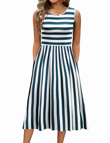 Zeagoo Women's Dresses Summer Casual Crew Neck Sleeveless Dresses Elegant A Line Tank Dress Midi Swing with Pockets Blau Weiß M