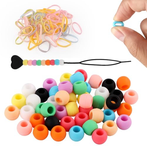 50pcs Perles en Silicone pour Cheveux, Souples Perles Cheveux Perles de Cheveux Tresse avec Élastiques à Cheveux Aiguille à Perles pour Cheveux pour Enfants Filles Femmes