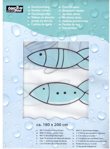 sopomarkt24 Duschvorhang Badevorhang Promo Fische blau, Dusch Vorhang für Badewanne & Dusche im Badezimmer, Textil Badewannenvorhang, 100% PEVA, Wasserabweisend, Waschbar, 180 x 200cm