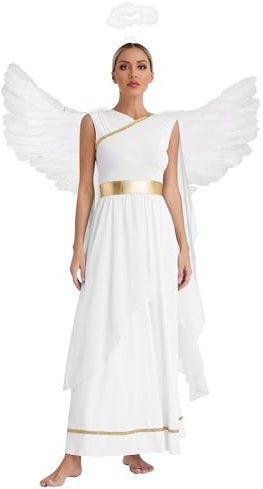 Fldy Damen Engel Kostüm Kleid Mit Flügeln Und Heiligenschein Erwachsene Weihnachten Fasching Kostüm Party Verkleidung Weiß M