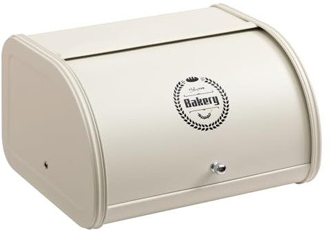 HollyHOME Bread Bin with Stainless Steel Body Metal Bread Bins for Kitchen Bread Storage Containers with Roll Up Easy Storage Bread Box Holder Lid, Cream