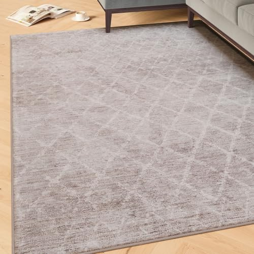 Machine Washable Grey Cotton Rugs Traditional Crossed Pattern Stain Resistant Liquid Repellent Living Area Bedroom Rug 200cm x 290cm (6ft 7 x 9ft 6)