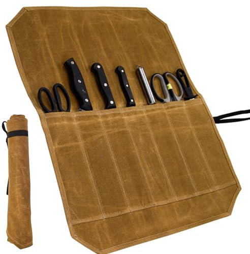 SUQ Chefs Knife Roll Bag Knife Bags, Waterproof Knife Case Storage 7 Slots Knife Cutlery Tool Roll Case Bag, Waxed Canvas Knife Bag, Gifts for Pro Culinary Enthusiasts, Cutlery Tool Case, Khaki