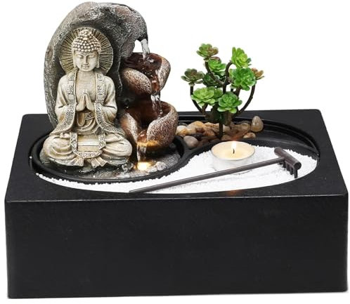 Indoor Waterfall, Waterfall Fountain Indoor, Zen Sand Desktop LED Indoor Waterfall with Buddha, Meditation Decor Indoor Fountain with Buddha for Home Office Bedroom House Living Room
