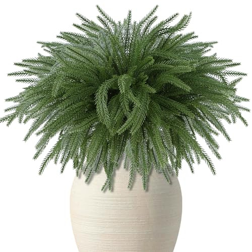 DR.DUDU 12 Pack Christmas Norfolk Pine Stems-18 Real Touch Artificial Christmas Greenery for DIY Wreaths, Garland & Holiday Decor, Xmas Tree Filler Branches for Vases, Mantel Tabletop Decorations