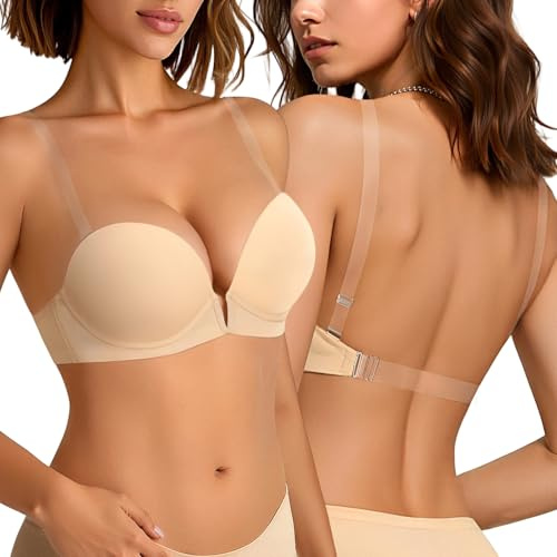 Upushall Soutien-gorge dos nu avec bretelles transparentes, soutien-gorge plongeant en V profond, rembourré, push-up, coupe basse, soutien-gorge convertible à armatures pour femme, beige, 90 C (Taille