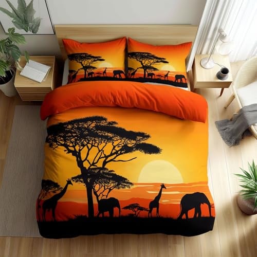 Braun Bettwäsche-Set Afrikanische Savanne Tiere Bettbezug, Weiche Elefant 135 x 200 cm Kinderbettwäsche - Atmungsaktiv Allergiker Orangegelb Giraffen Bettbezug für Kinder Mädchen Teenager Kleinkinder