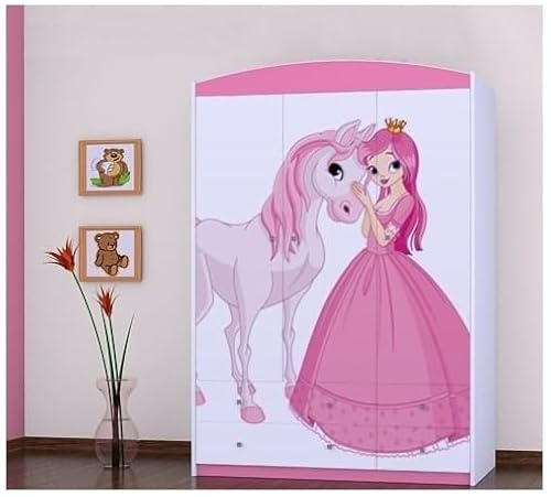 BDW - Kleiderschrank mit Schubladen - Schrank 128 cm breit, 190 cm hoch - Flurschrank 3 türig, mit Kleiderstange und Einlegeböden - für Schlafzimmer, Kinderzimmer - Rosa 2