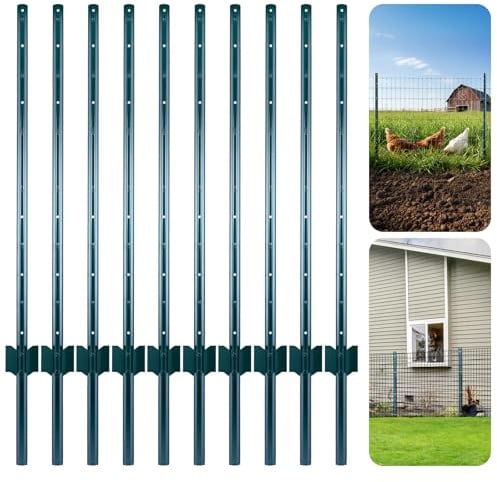 Minifactory Metal Fence Posts 4FT & 5FT, Pack of 10 - No Dig Steel Garden U Posts with Green Rust-Resistant Coating for Wire Fencing, Chicken Wire & Yard Borders (4ft)