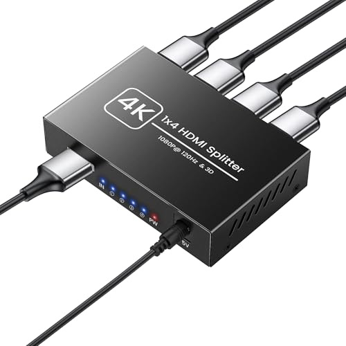 NEWCARE HDMI Splitter 1 in 4 Out mit 3.9FT hdmi kable, 4K hdmi Verteiler 1 in 4 Out Gleichzeitig, 4 Monitore Gleichzeitig Full HD HDTV Blu-Ray DVD (NOT Extended Display)