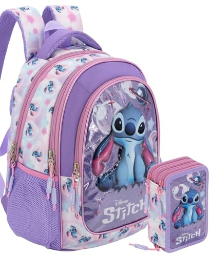 Schulrucksack Set Mädchen Grundschule 6-10 Jahre für Stitch Fan, Rucksack (43x33x15 cm) & 3-Fach Federmäppchen Gefüllt (46 Teile) – Schulranzen Set Ergonomisch