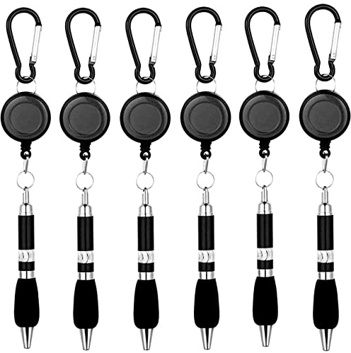 SevenMye 6 Stück Kugelschreiber zum Anklippen, einziehbar, Ausweishalter, Gürtelclip und Karabiner, Schlüsselanhänger, Kugelschreiber, schwarz
