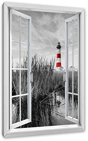 Pixxprint Bodie Island Lighthouse, Fenster, Größe: 100x70cm, Leinwandbild, fertig gespannt, Wandbild, Dekoration, Kunstdruck, kein Poster
