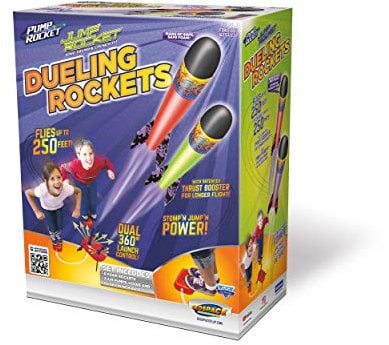 Geospace Jump Rocket Dueling Flying Rockets Set for Kids with 2 Air Pumps, 2 Swivel Launch Tubes, Launch Pad & 6 Foam Rockets that fly up to 250 feet! Great Outdoor Backyard Toy for Boys & Girls