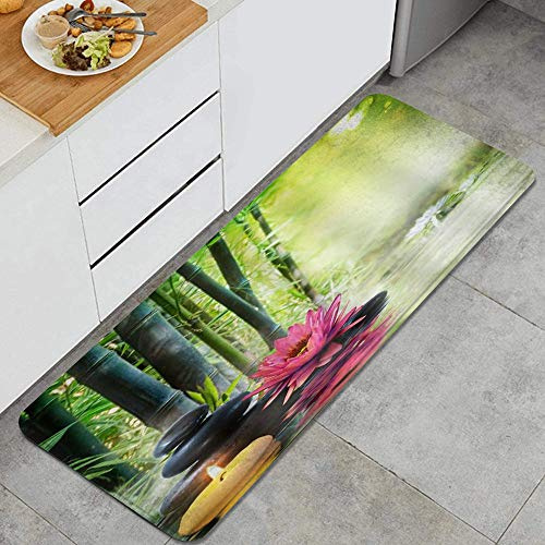 QIUTIANXIU Tapis Cuisine Devant Evier Antidérapant Tapis de Sol Absorbant Lavable Spa Bambou Lotus pour Salle de Bain Fleur de méditation Zen Oriental Japonais Asiatique 45 cm x 120 cm