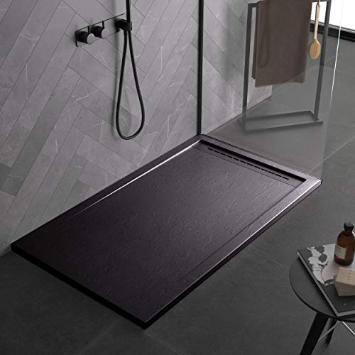 Piatto doccia nero, in mineralmarmo, con effetto pietra ardesia, serie Paris, slim 3 cm, rivestito di Gelcoat, antiscivolo (70x180)