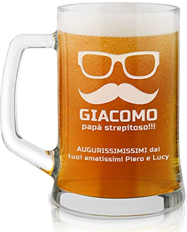 Maverton Boccale per la Birra in vetro con personalizzazione - capienza 500 ml - H12 cm x Ø8,5 cm - ottima idea regalo per le feste perfetto per ogni uomo amante della buona Birra - strepitoso papà