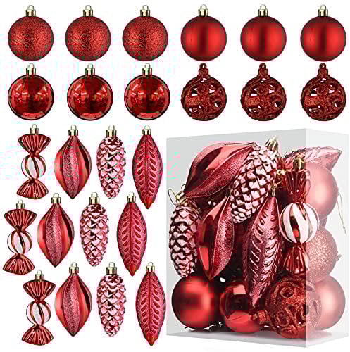 Rote Weihnachtskugel Ornamente für Weihnachten Dekorationen - 24 Stück Weihnachtsbaum bruchsichere Ornamente mit Aufhängeschlaufe für Weihnachten und Party Dekoration