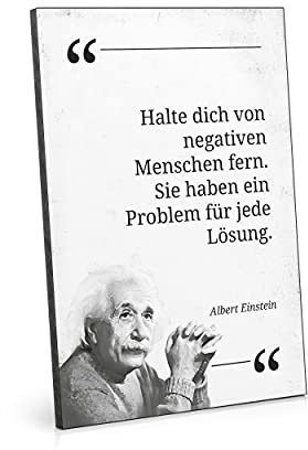 ARTFAVES® Holzbild mit Spruch - Halte Dich von negativen Menschen fern - Zitat Albert Einstein - Holzschild schwarz-weiss - als Geschenk