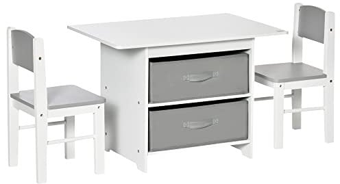 HOMCOM 3 Pcs Kids Table & Chairs Set Mini Seating Furniture Home Playroom Bedroom Dining Room w/Storage Drawers Safe Corners for 2-4 Years old White